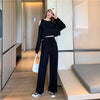 韓国風ファッション カジュアル ?感?佳 全2色 長袖Tシャツ＆ハイウエストワイドレッグパンツのセットアップ<U-9103>