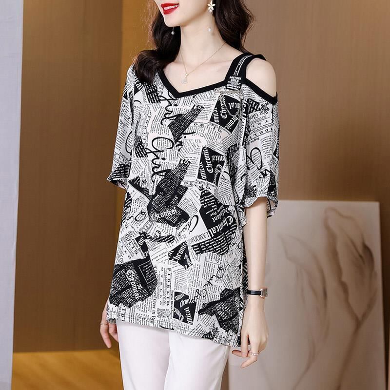 【半額！期間限定！！】絶対流行 特別デザイン 個性派 シフォン プリント 半袖Tシャツ＜U-8610＞