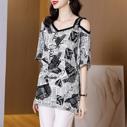 【半額！期間限定！！】絶対流行 特別デザイン 個性派 シフォン プリント 半袖Tシャツ＜U-8610＞