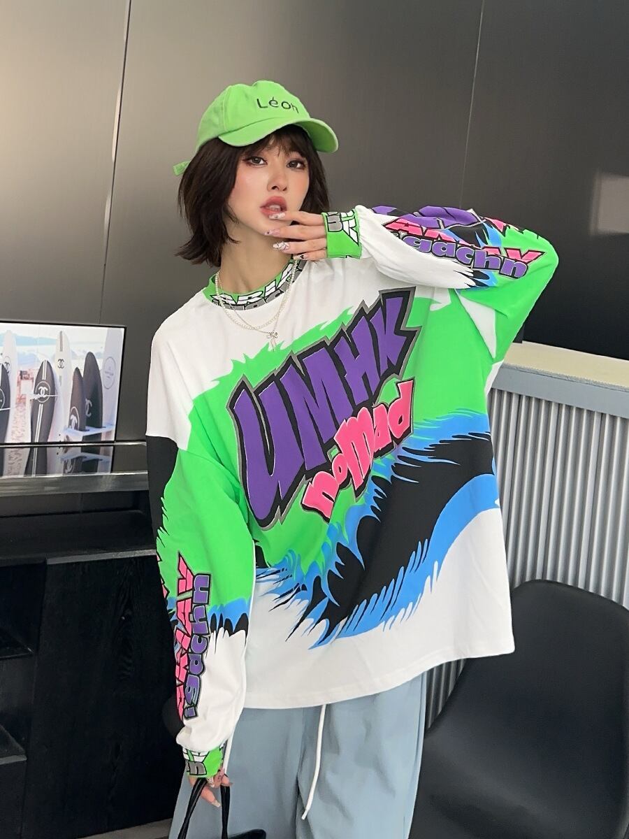 着回し力抜群 アバンギャルド 個性的なデザイン プリント全2色 Tシャツ<U-9225>