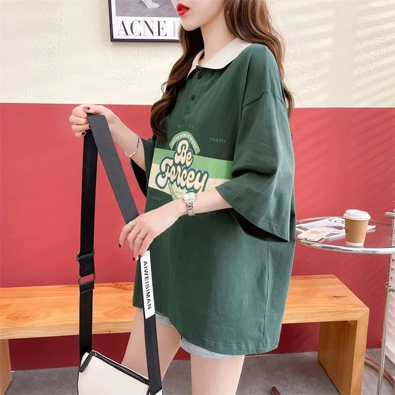 スタイルアップ グラフィック POLOネック ドロップショルダーTシャツ ゆったり半袖 ＜U-3048＞