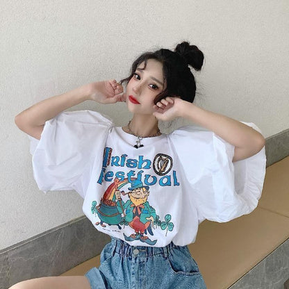 キュート プリント ファッション ゆったり 全4色 半袖 Tシャツ＜U-11521＞