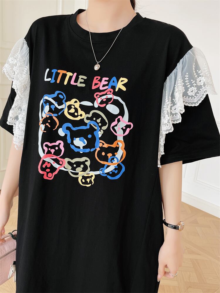 おすすめ レース ファッション 切り替え プリント Tシャツ カットソー ワンピース＜U-8535＞