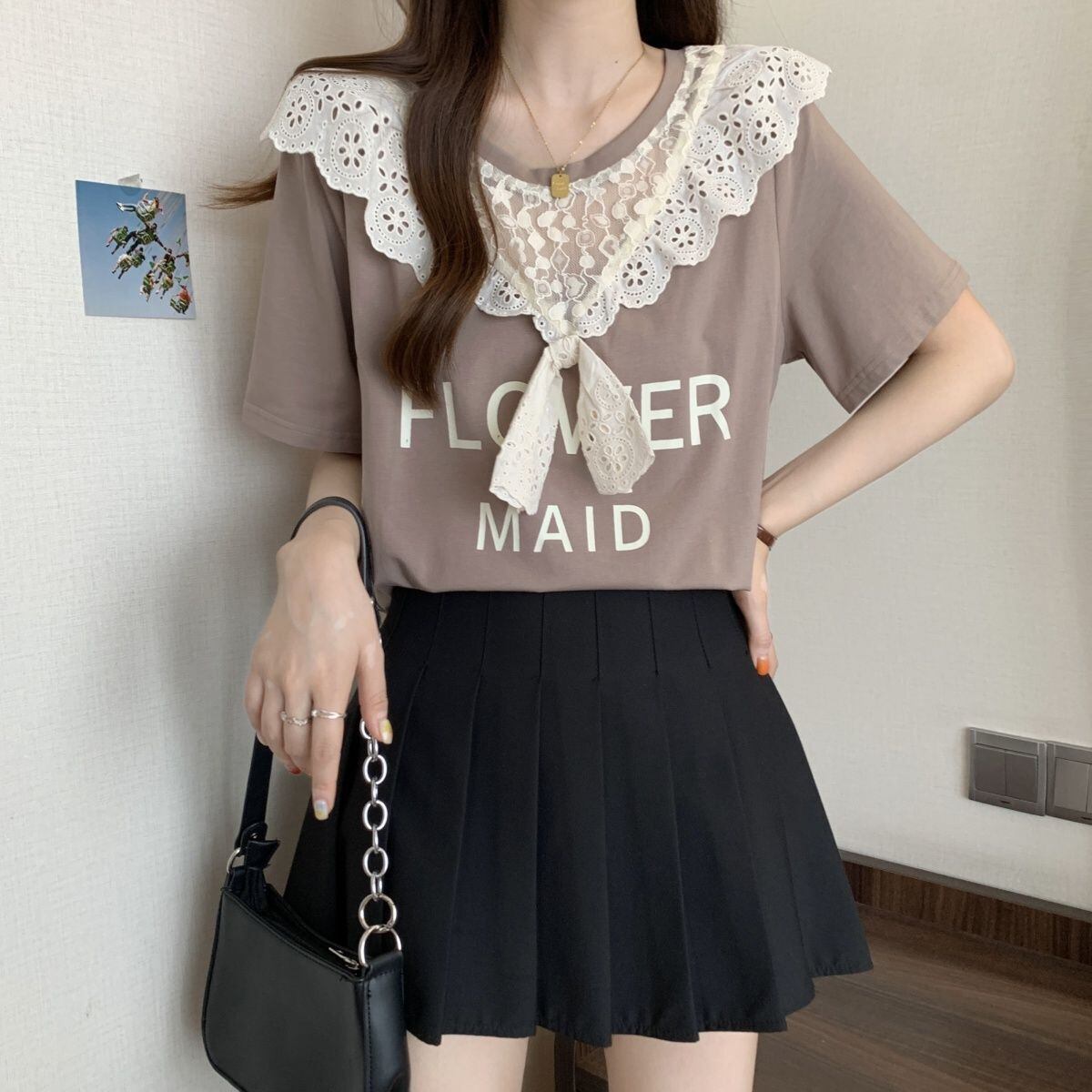 超人気 レース スウィート 切り替え プリント 3色選択 半袖Tシャツ＜U-8825＞