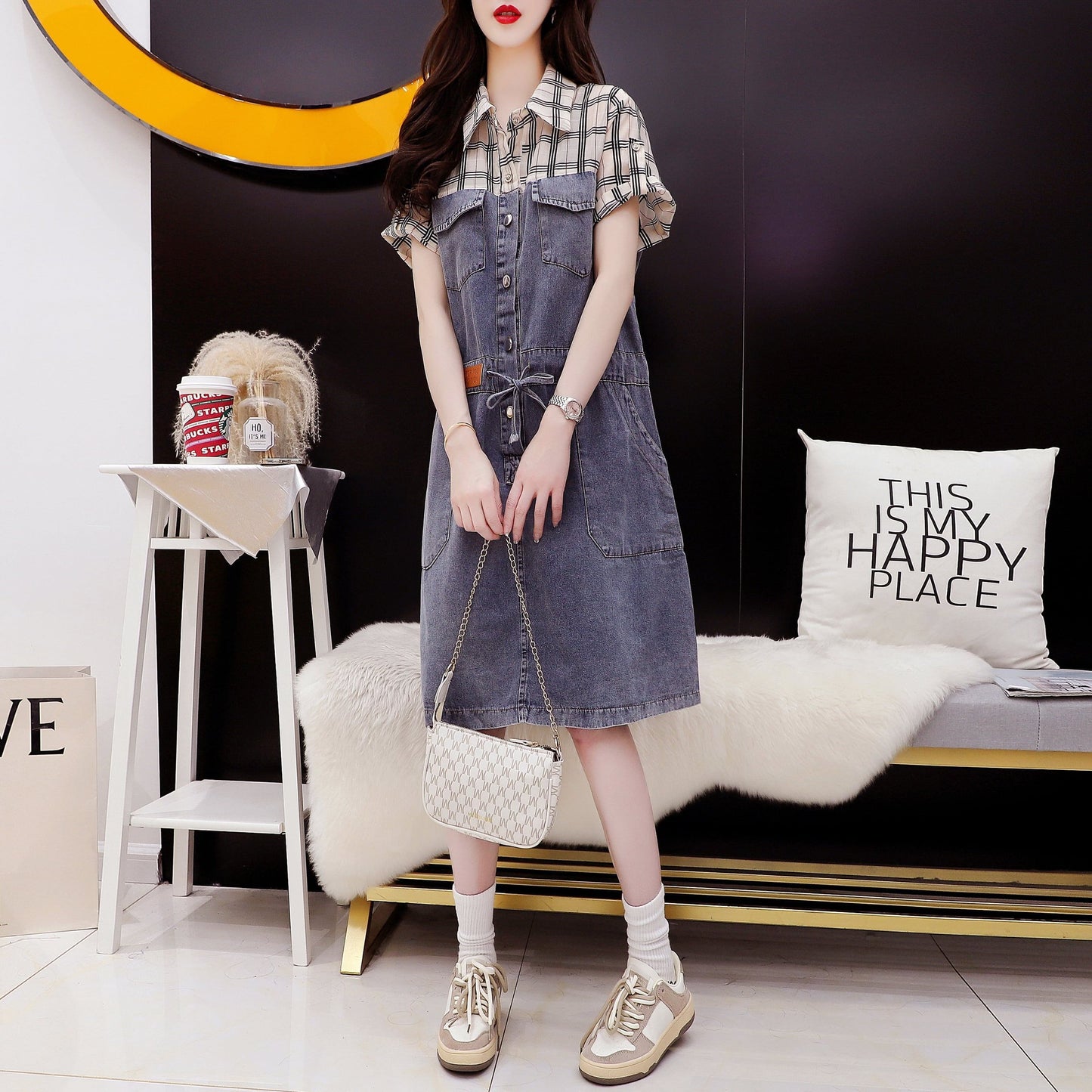 スタイリッシュ 一目惚れ 切り替え チェック柄 ワンピース＜isf-3209＞