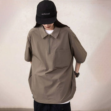 新作 ルーズシルエット ハーフジップ ポケット付き Tシャツ U-13134