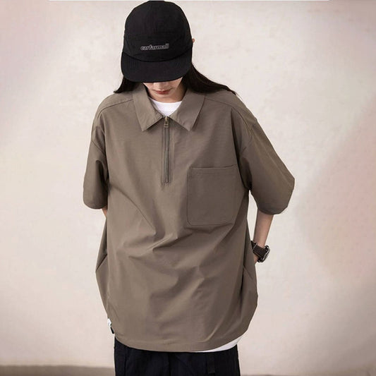 新作 ルーズシルエット ハーフジップ ポケット付き Tシャツ U-13134