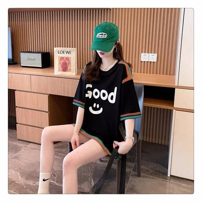 おすすめ プリント アルファベット ロング Tシャツ ゆったり半袖 ＜U-2881＞