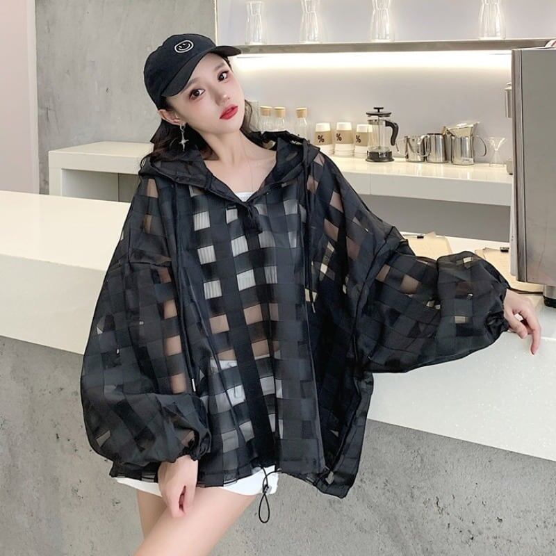 大人気 チェック柄 ゆったり 日焼け対策 UVカット 冷房対策 着?せ 長袖 フード付き シャツ ＜U-1910＞