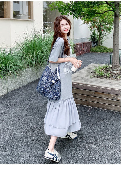 大人可愛い 切り替え プリント 半袖 ワンピース U-80101