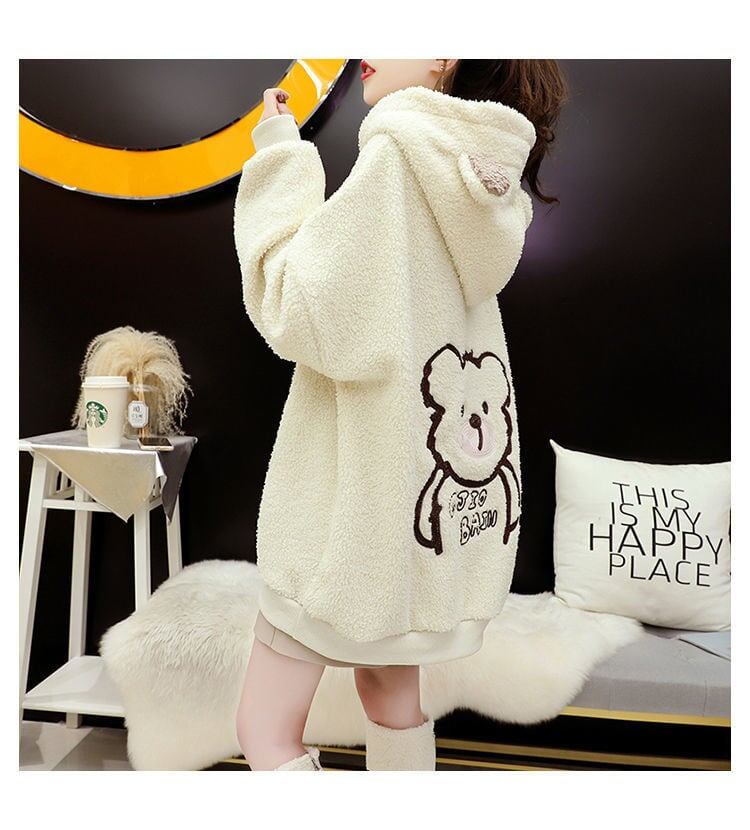 大人可愛いクマちゃんロゴもこもこ厚手フード付きパーカー全3色<U-4696>