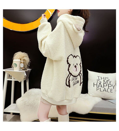 大人可愛いクマちゃんロゴもこもこ厚手フード付きパーカー全3色<U-4696>
