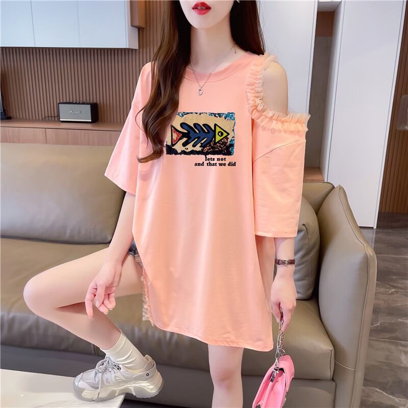 おしゃれ度高め レース 美人度アップ 切り替え プリント全4色 Tシャツ カットソー＜U-9213＞