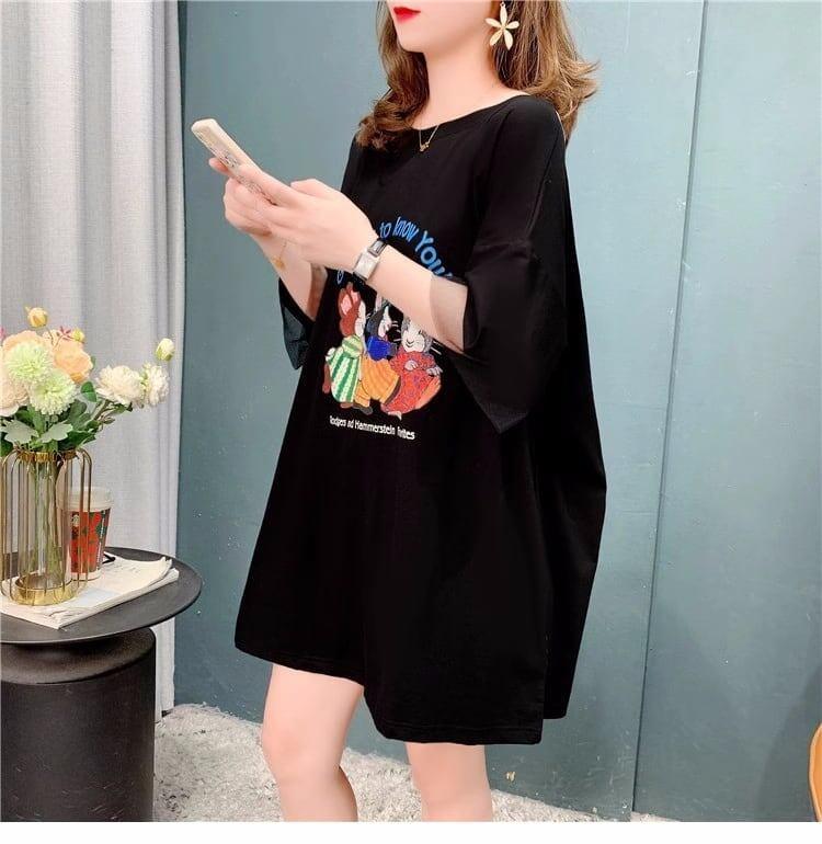 優しい雰囲気 立体のリボン バックオープン プリント ロングTシャツ ゆったり半袖＜U-2939＞