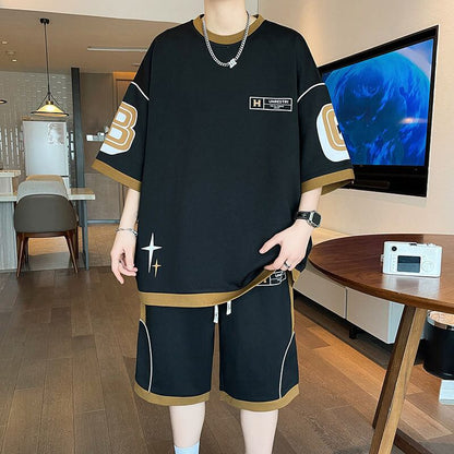 早い者勝ち カジュアル ファッション 切り替え 全3色 半袖Ｔシャツⅹパンツセット<U-8950>