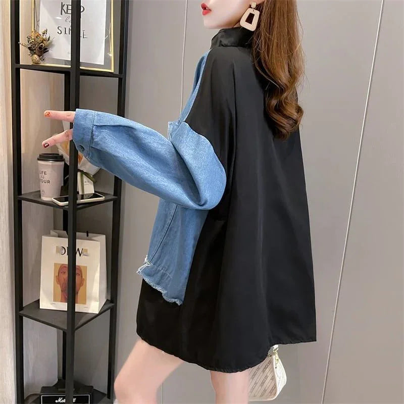 美感いっぱい 薄手 知的で品の良い 長袖 デニム 切り替え スウェット パーカー＜U-2217＞