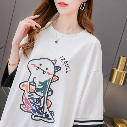 合わせやすい アルファベット ラウンドネック プリントTシャツ ゆったり ワンピース＜U-3992＞