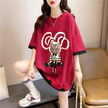 気質ルーズ漫画プリントミッドレングス半袖Tシャツ<U-3026>