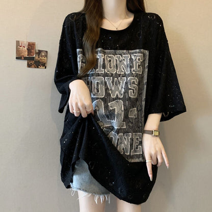 超人気 アバンギャルド 絶対流行 レース プリント全2色 半袖Tシャツ<U-8798>