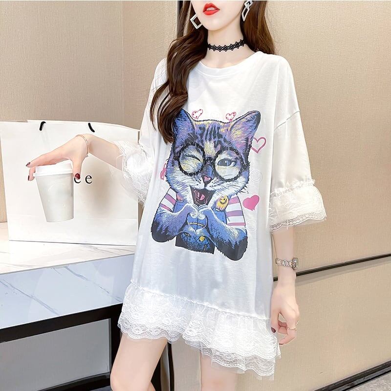 好感度満載 プリント 美感いっぱい Tシャツ カットソー ワンピース＜U-3428＞