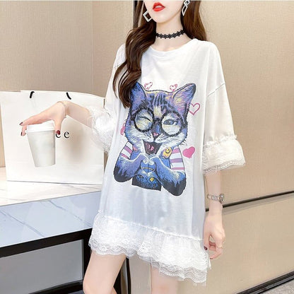 好感度満載 プリント 美感いっぱい Tシャツ カットソー ワンピース＜U-3428＞