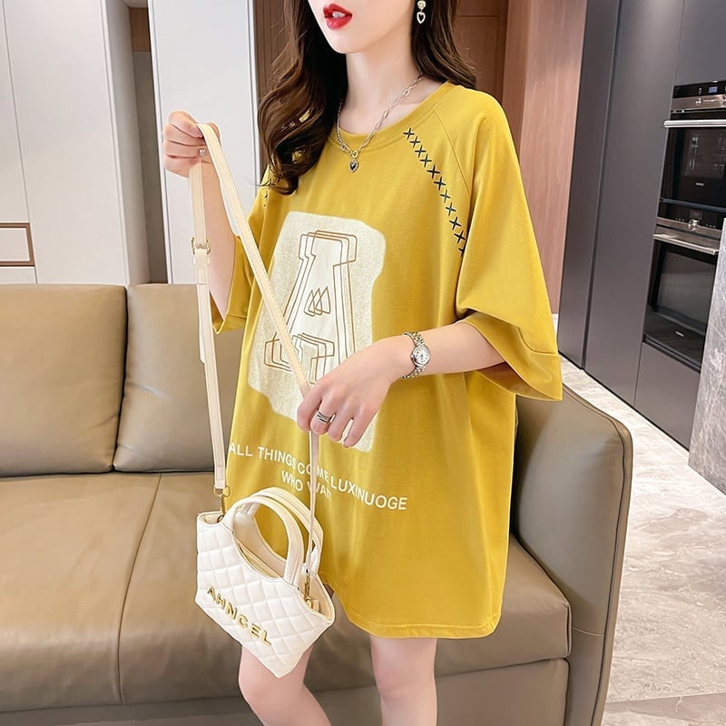 超人気商品 ロング アルファベット プリントTシャツ 三色 ゆったり半袖 ＜U-4019＞