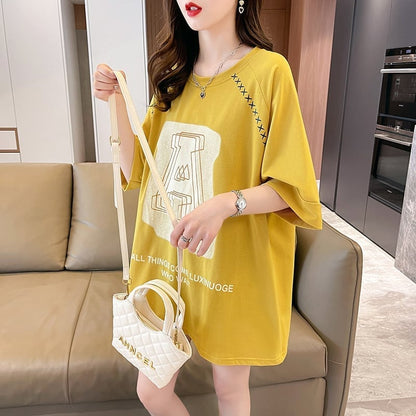 超人気商品 ロング アルファベット プリントTシャツ 三色 ゆったり半袖 ＜U-4019＞