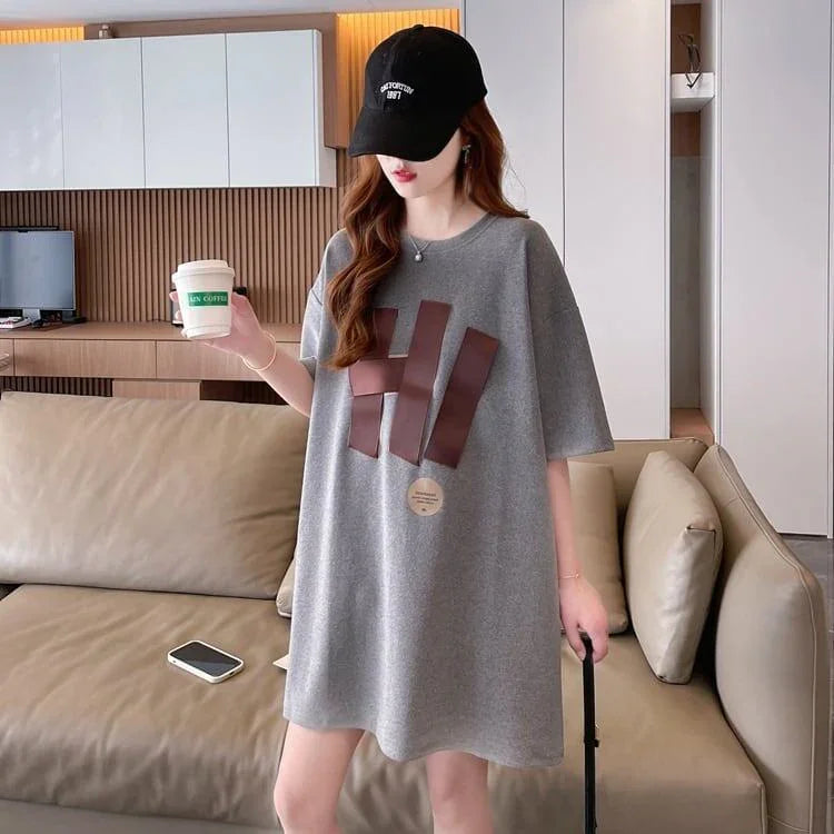 ファッション ロング プリントTシャツ 丸襟 半袖＜U-2807＞