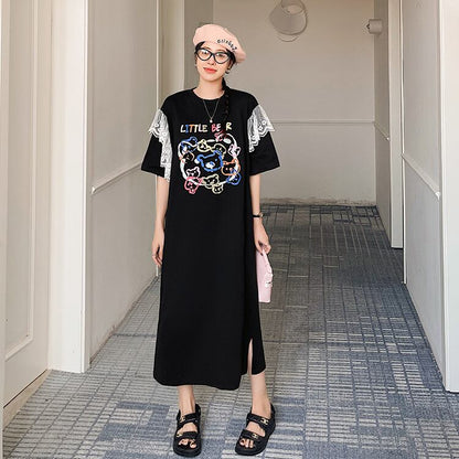 おすすめ レース ファッション 切り替え プリント Tシャツ カットソー ワンピース＜U-8535＞