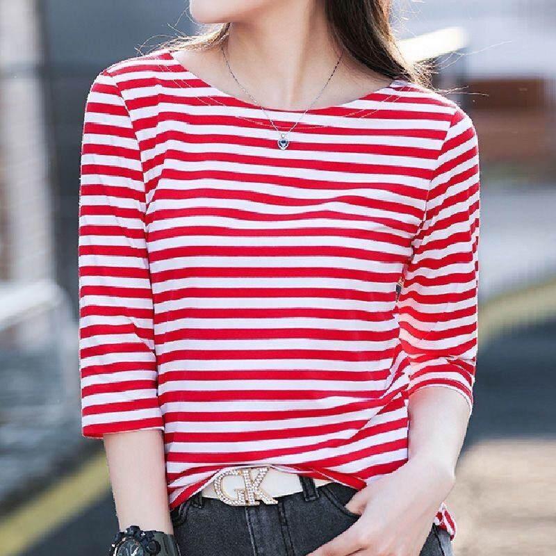 お買い得 定番シンプル 大活躍 着心地抜群 ストライプ柄 全4色 7分袖 Tシャツ ＜U-9134＞