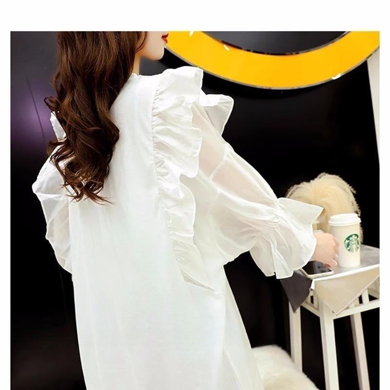 女子力アップ アルファベット パフスリーブ プリント ロングTシャツ ゆったりワンピース ＜U-3054＞