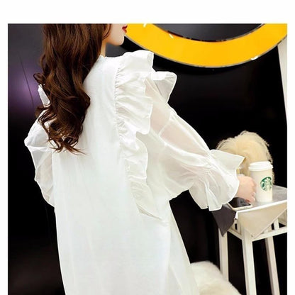 女子力アップ アルファベット パフスリーブ プリント ロングTシャツ ゆったりワンピース ＜U-3054＞