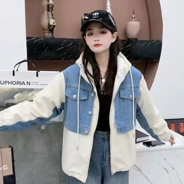 今季マストバイ 着心地良い 絶対欲しい レイヤード風 デニム 切り替え ジャケット<U-10058>