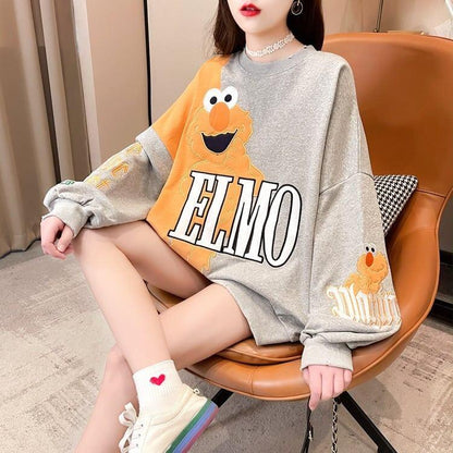 ゆったりとした重工業刺繍漫画長袖トップ<U-5083>