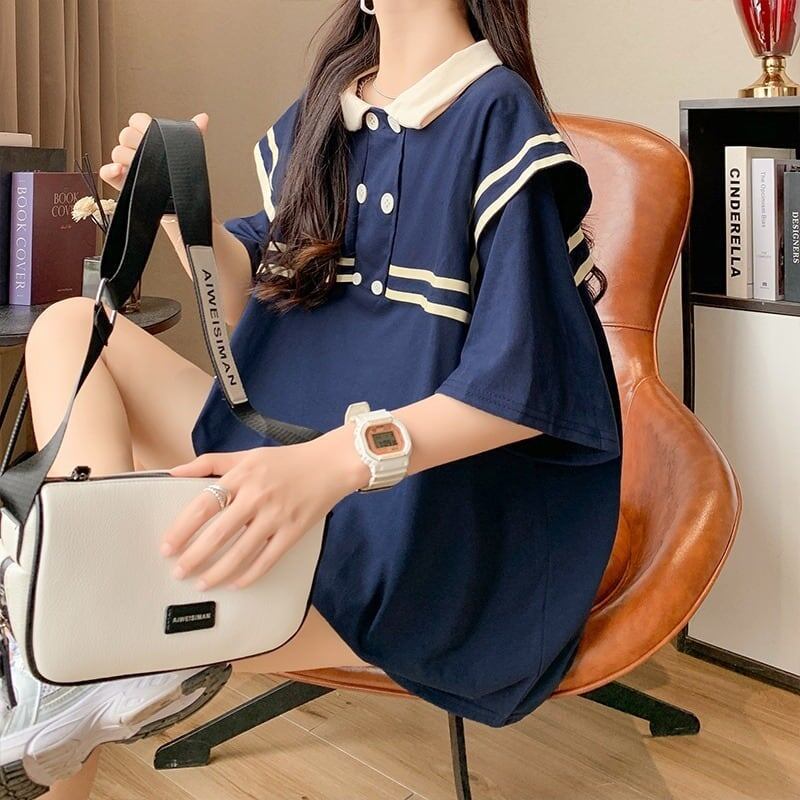 絶対欲しい ロング セーラーカラー Tシャツ 三色 ゆったりワンピース＜U-4028＞