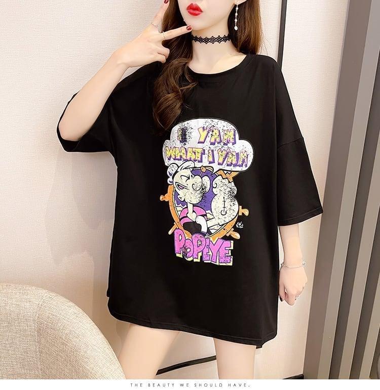 【半額！期間限定！！】グラフィック レース 透かし彫り ロング Tシャツ ゆったりワンピース ＜U-4021＞