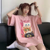 スウィート プリント 可愛いネコちゃん Tシャツ ピンク ゆったり半袖＜U-2973＞