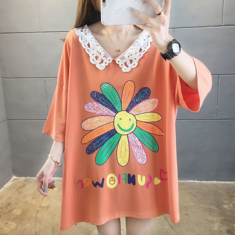 大人可愛い ロング丈 ゆったり 切り替え 三色半袖Tシャツ＜U-8129＞