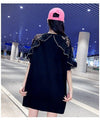 レースステッチアイスシルクニットルーズラビットプリント半袖Tシャツ<U-5038>
