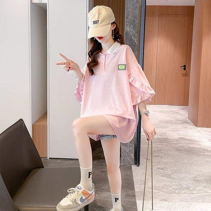 おすすめ POLOネック シンプル フリル ロング Tシャツ 三色 ゆったり半袖 ＜U-3055＞