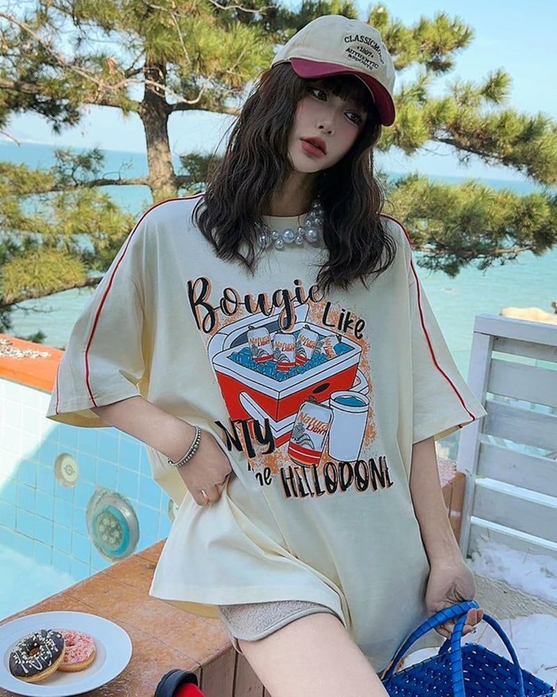 着せ ゆったり ビッグロゴ ロングTシャツ 半袖 ワンピース<U-4859>