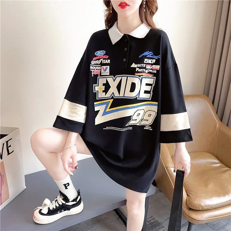 質感のいい ロング POLOネック プリントTシャツ ゆったり半袖 ＜U-2928＞