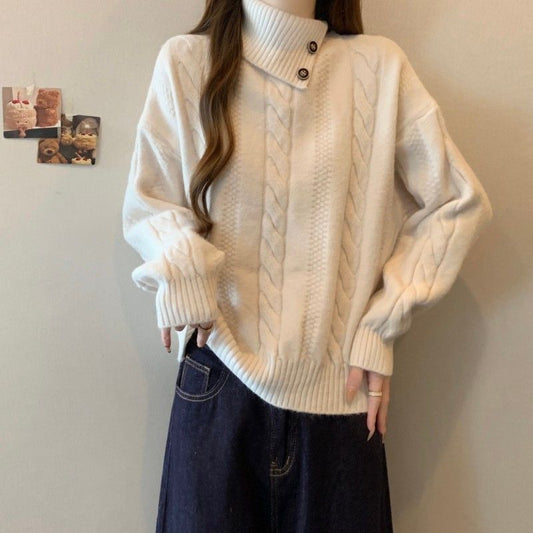 大人可愛い ボタンデザイン ケーブル編み ニット セーター U-80174