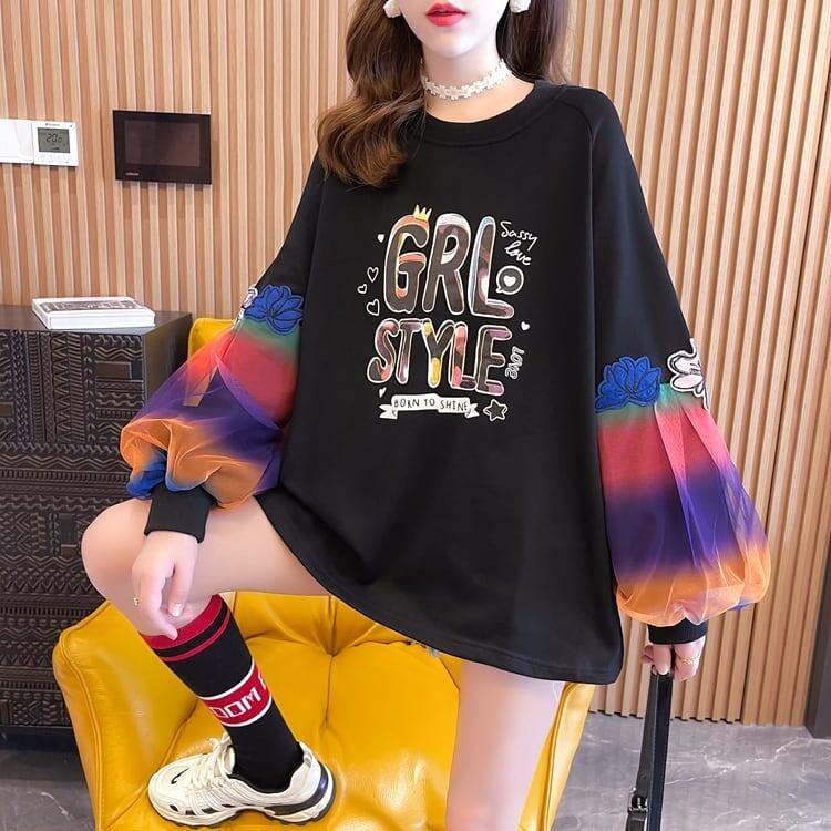 秋の新作 パフスリーブ アルファベットプリント 長袖ラグランTシャツトップス<U-4032>