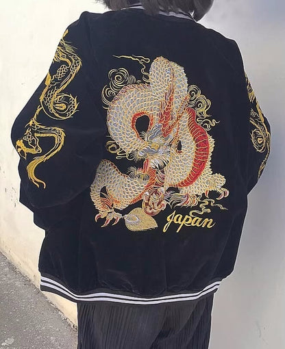 質感のいい ユニセックス ドラゴン刺繍 スタジャン 二色トップス＜U-4124＞