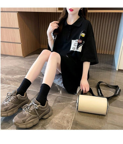 POLOネック 切り替え ストライプ柄 ロング Tシャツ ゆったりワンピース ＜U-3031＞