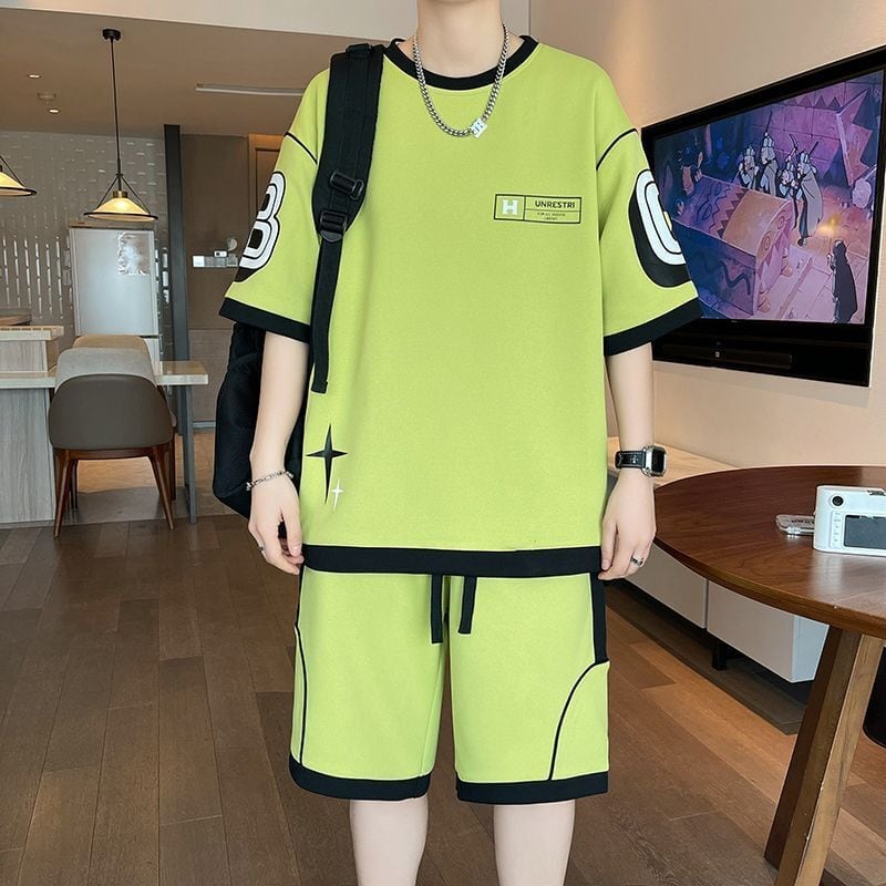 早い者勝ち カジュアル ファッション 切り替え 全3色 半袖Ｔシャツⅹパンツセット<U-8950>