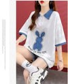 韓国系 ウサギちゃん POLOネック プリントTシャツ 三色 ゆったり半袖 ＜U-3056＞