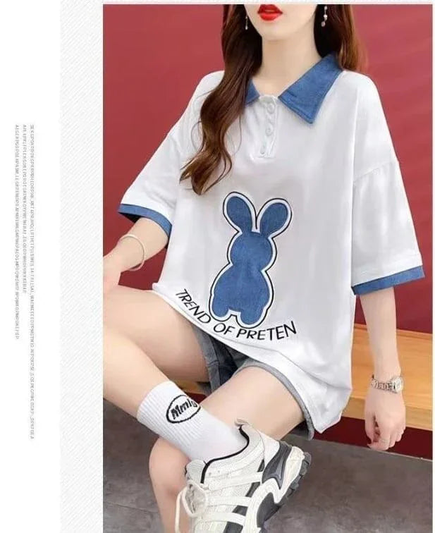 韓国系 ウサギちゃん POLOネック プリントTシャツ 三色 ゆったり半袖 ＜U-3056＞