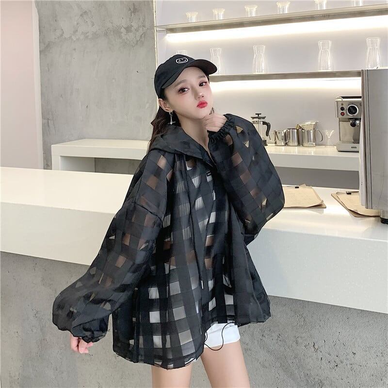 大人気 チェック柄 ゆったり 日焼け対策 UVカット 冷房対策 着?せ 長袖 フード付き シャツ ＜U-1910＞